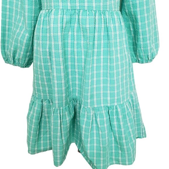 J Crew Factory Seersucker Ruffleneck Mini Dress Womens Size 6 Aqua Plaid Cotton - Picture 8 of 15